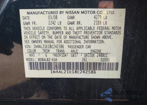 2008 Nissan Altima 2.5 S z USA, uszkodzony, nr VIN 1N4AL21E18C242586